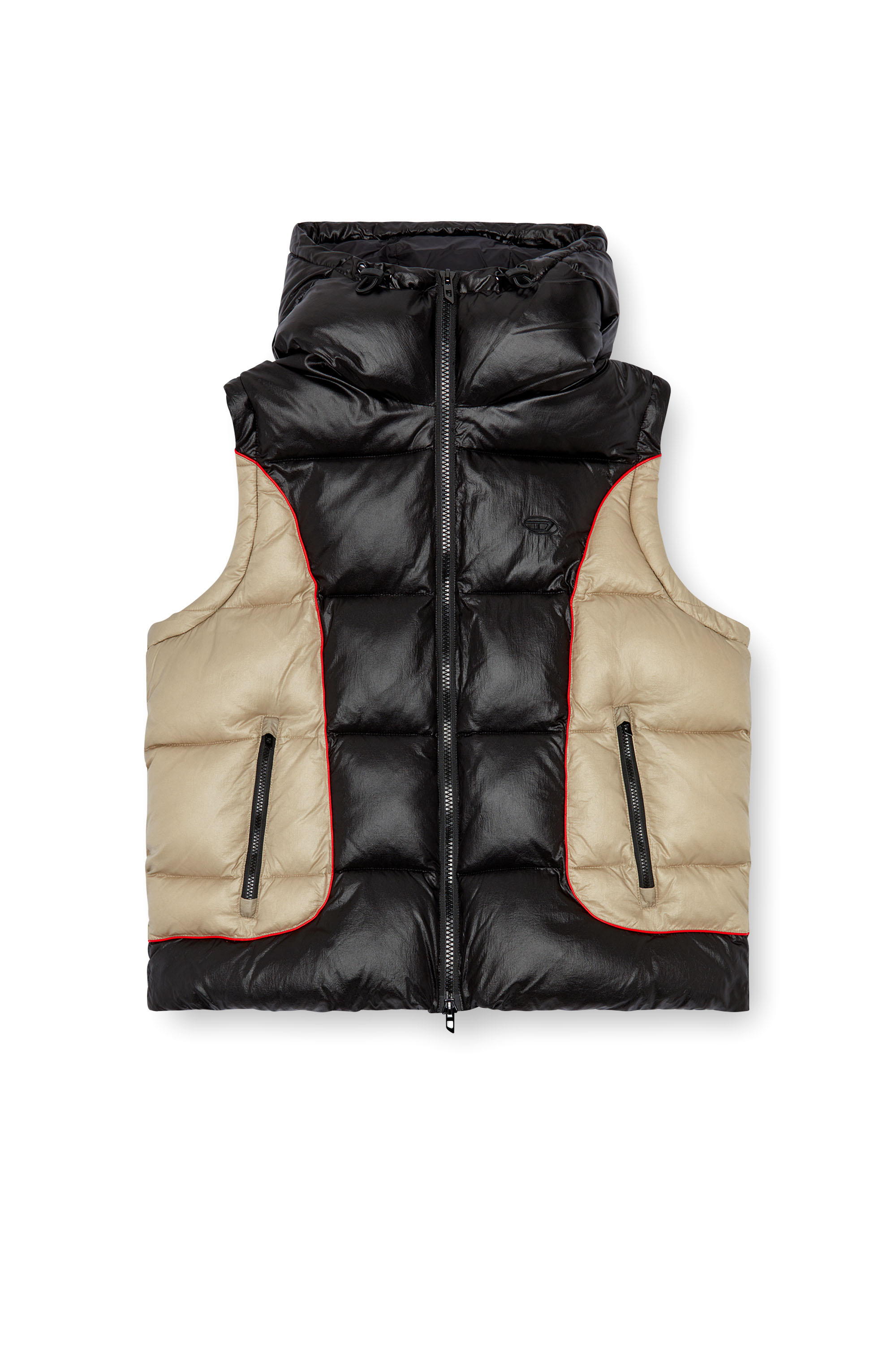 Diesel - W-OSTEND-SL, Male's Hooded puffer vest in shiny ripstop in ブラック/ベージュ - 3