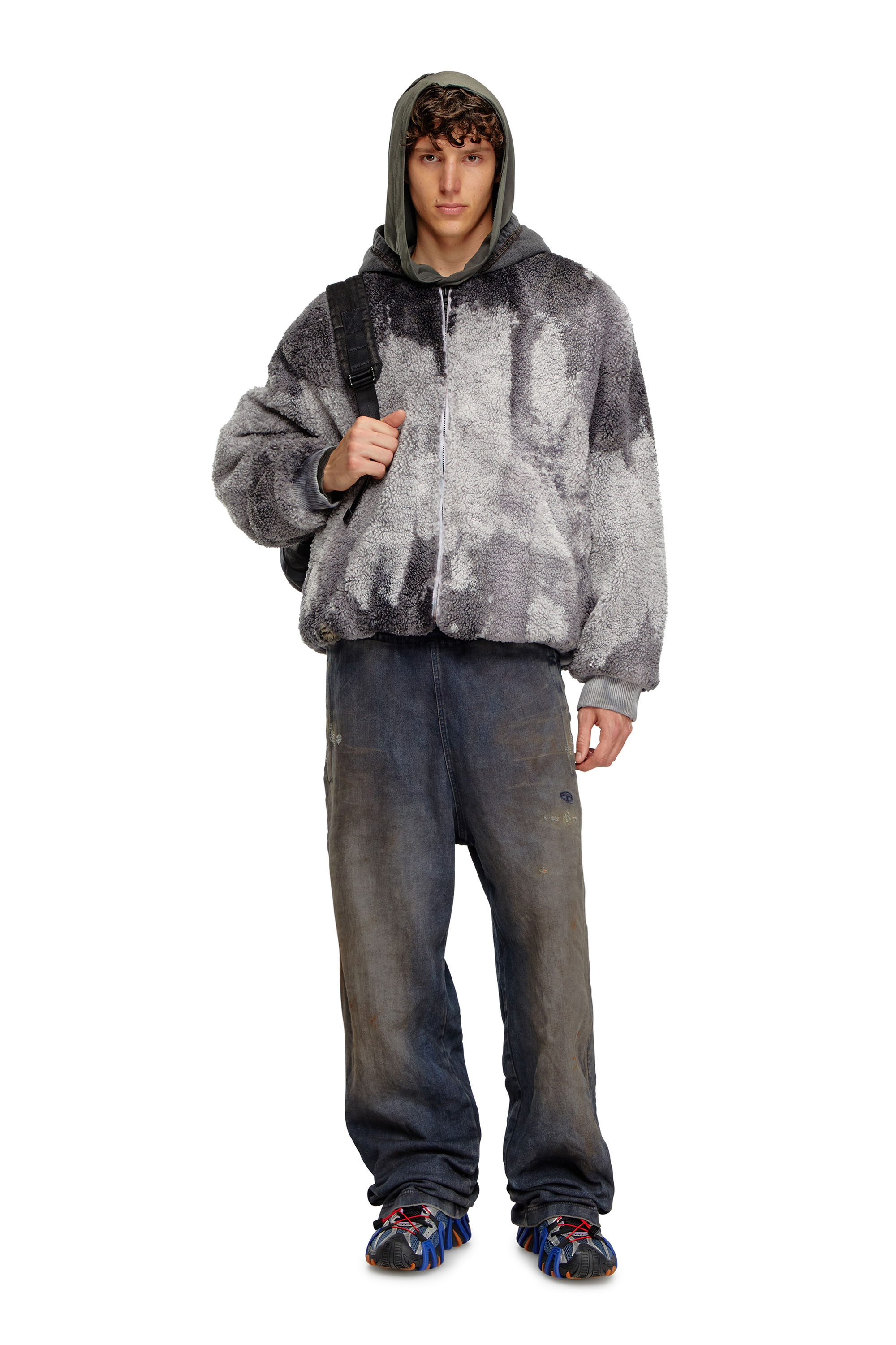 Diesel - S-DEPLA, Male Tie-dyed teddy jacket with denim hood in グレー - Image 2