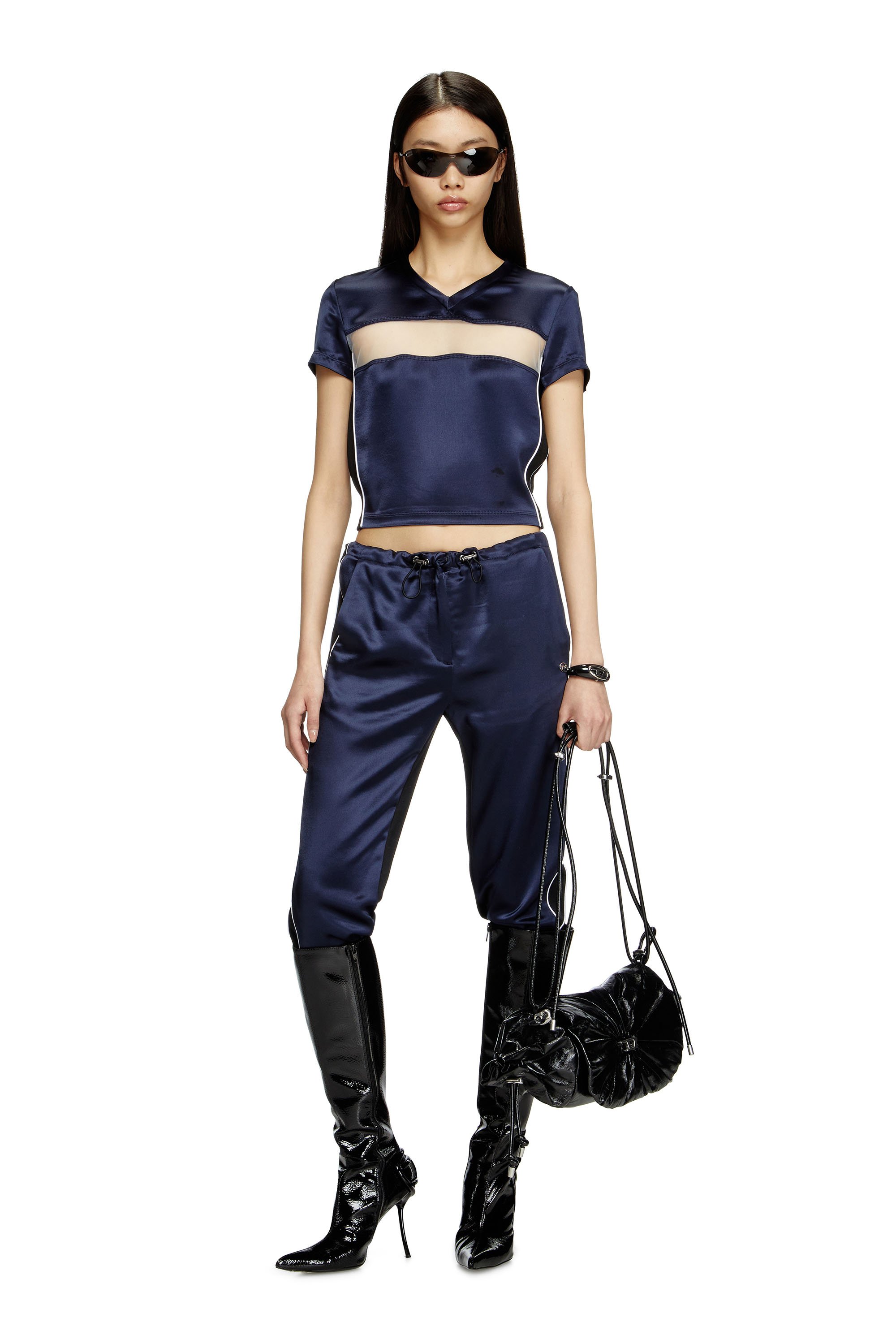 Diesel - T-RACE, Female's Cropped T-shirt in satin, knit and tulle in ダークブルー - 2