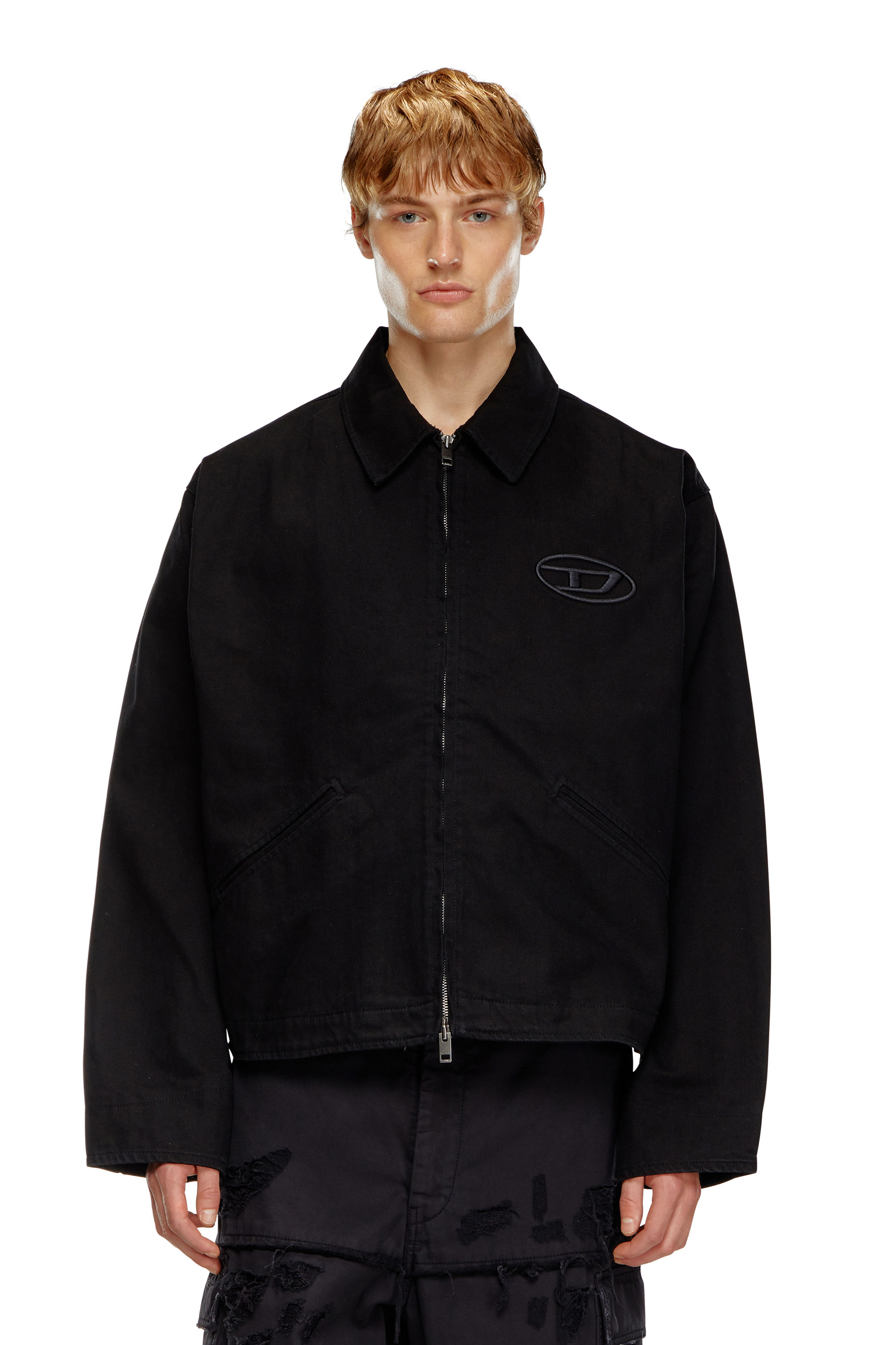 Diesel - J-TAYLOR-BLEACH, Male Denim blouson jacket with bleached logo in ブラック - Image 1