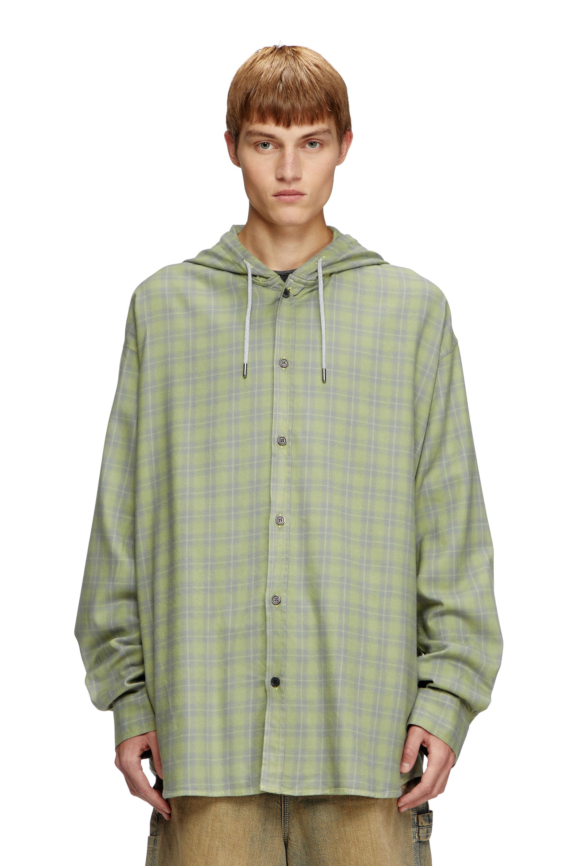 Diesel - S-DEWNY-HOOD-B, Male's Hooded shirt in check flannel in グリーン - 1