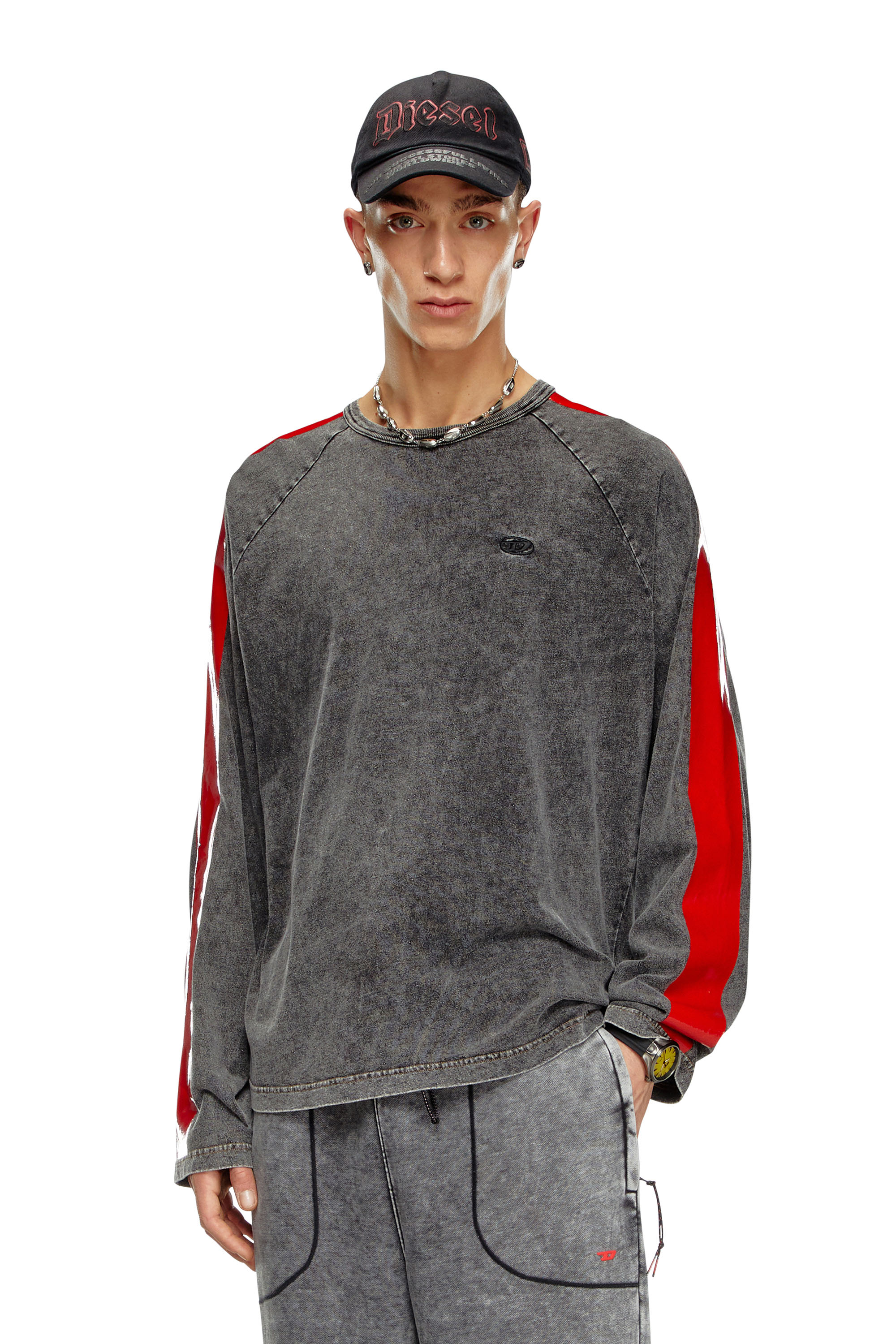Diesel - T-REDROXT, Male Long-sleeve T-shirt with glossy bands in ブラック - Image 1