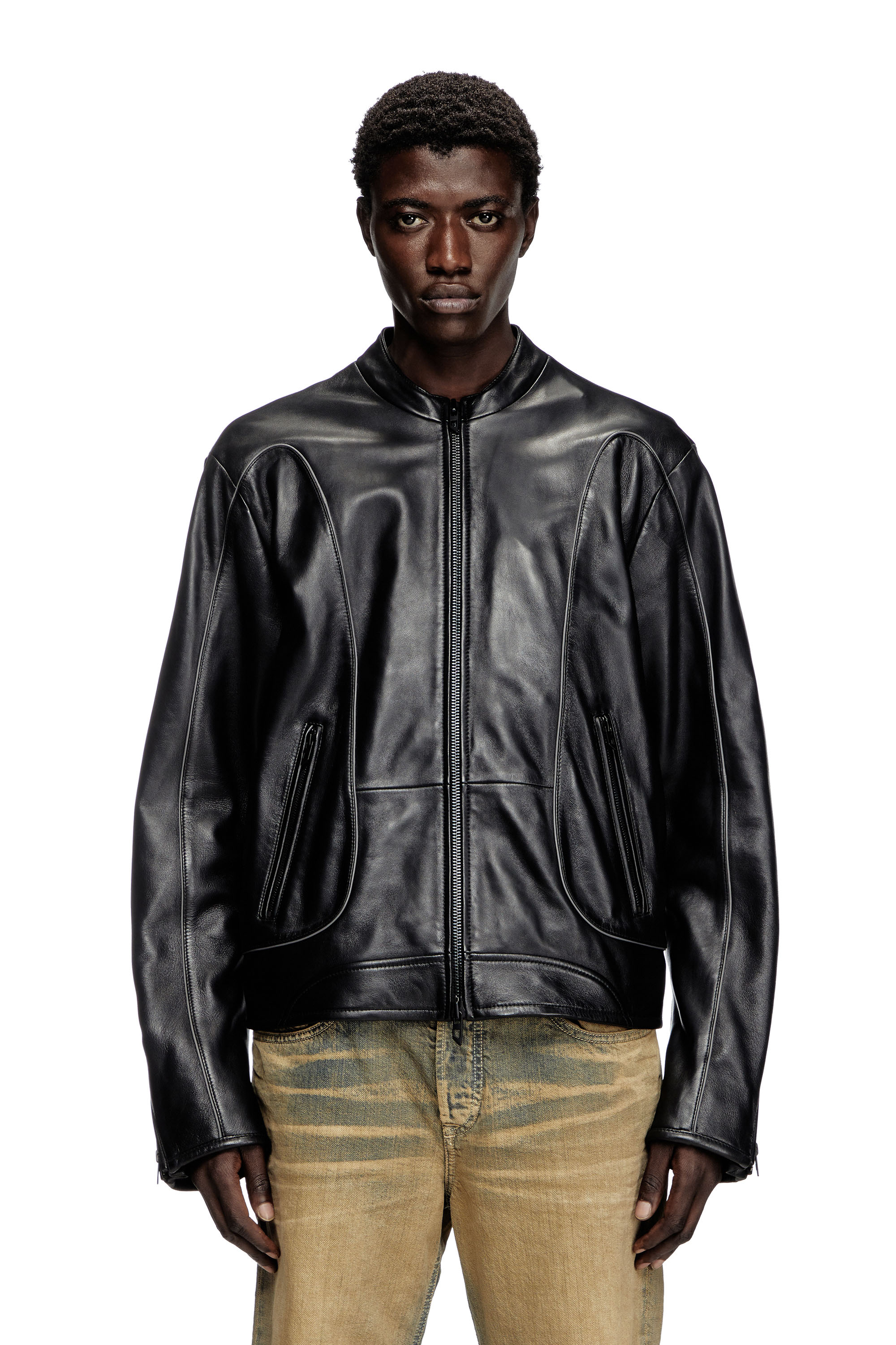 Diesel - L-KRIXY, Male's Leather biker jacket with piping detail in ブラック - 5