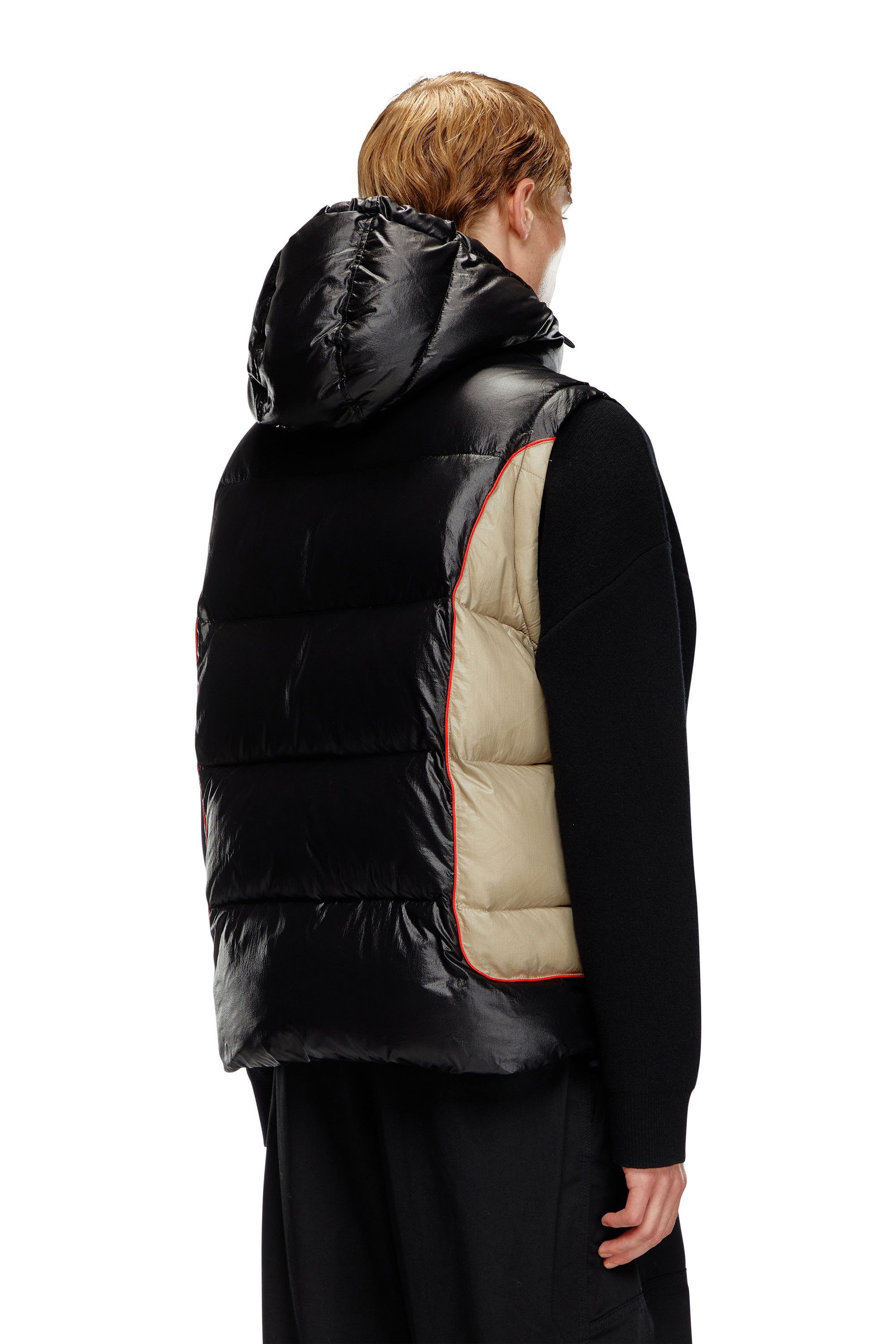 Diesel - W-OSTEND-SL, Male's Hooded puffer vest in shiny ripstop in ブラック/ベージュ - 4