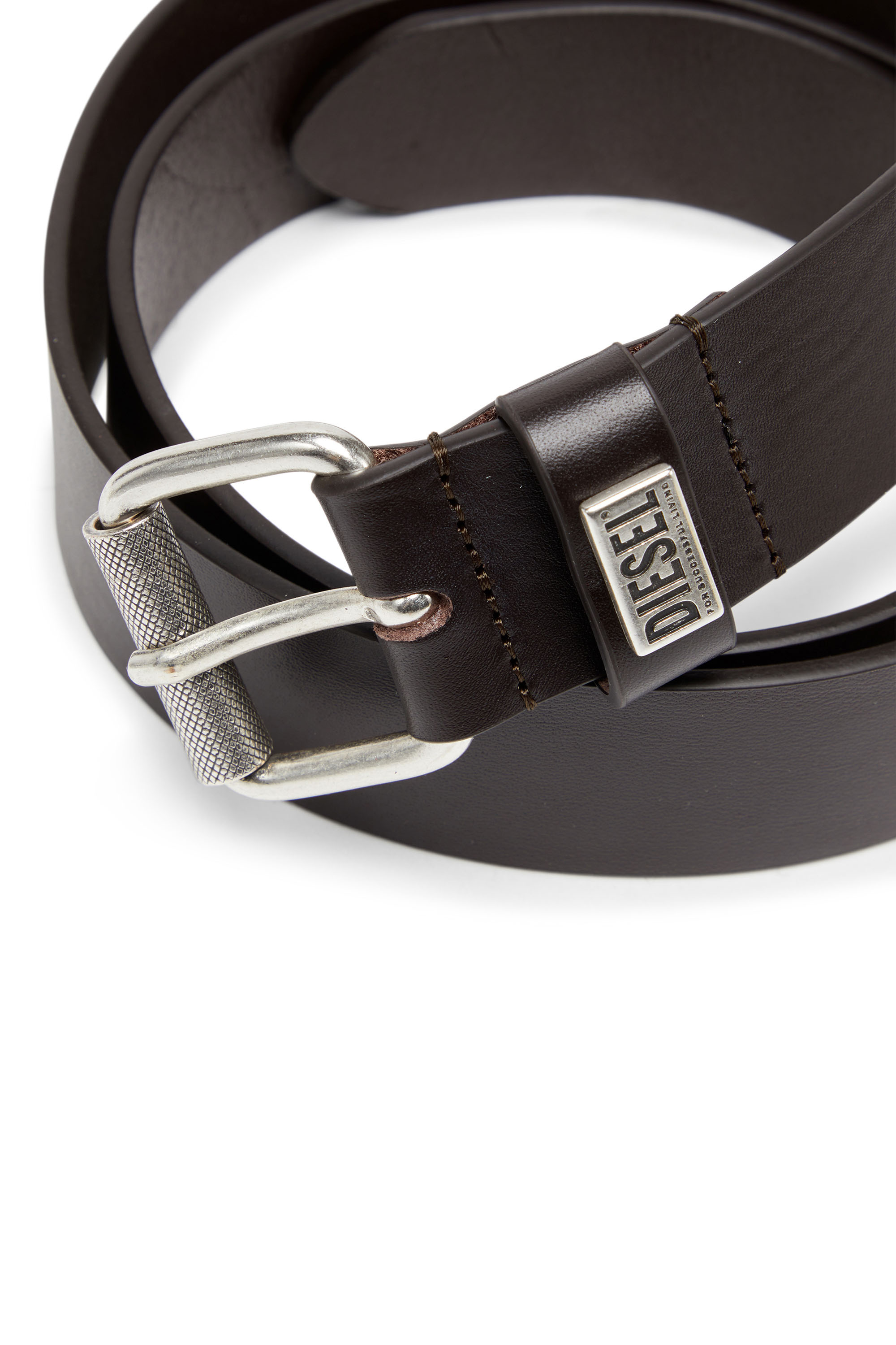 Diesel - B-BISCOTTO-LOOP, Male's Leather belt with logo plaque in ダークブラウン - 3